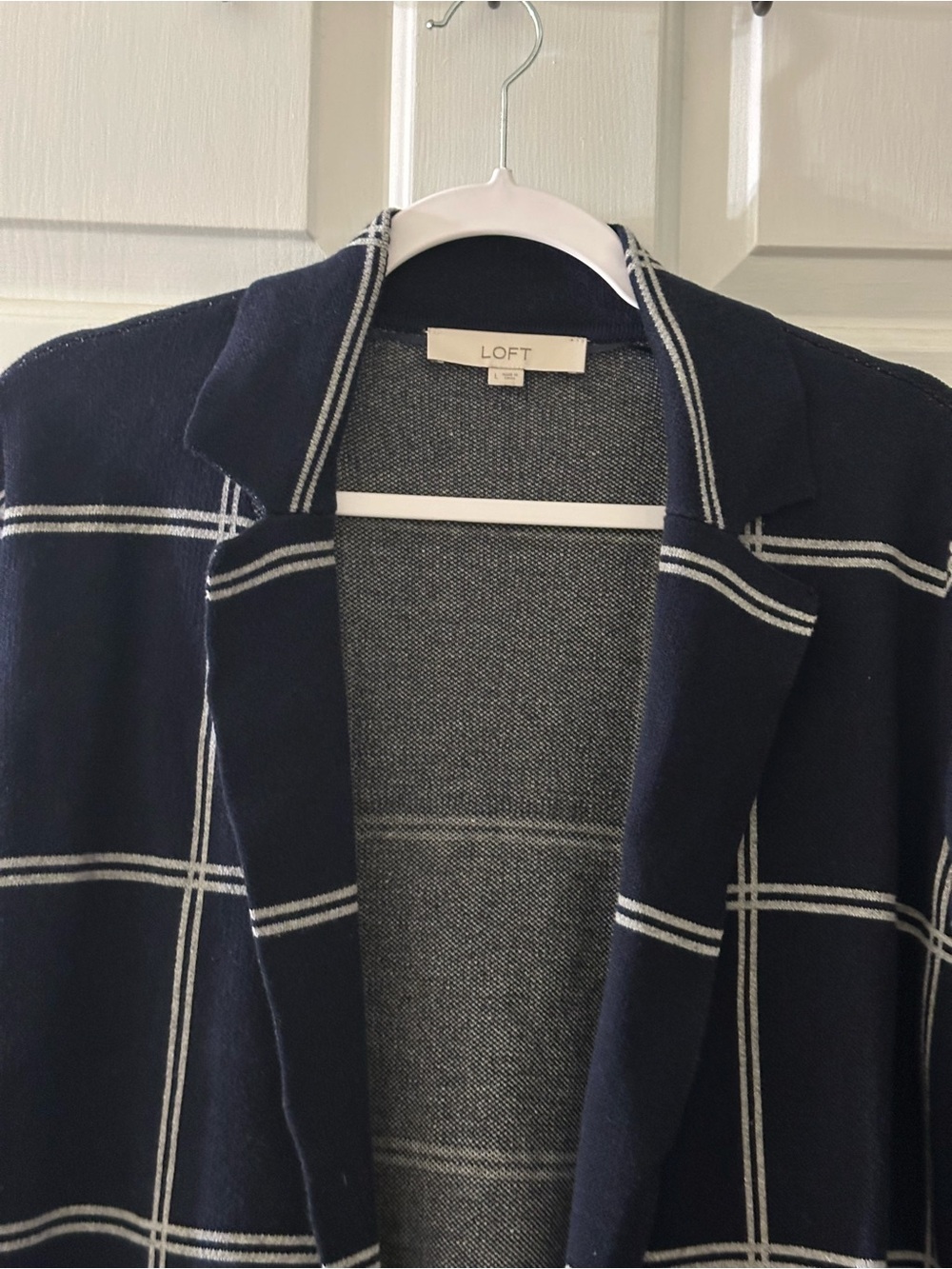 LOFT Navy Windowpane Open-Front Knit Blazer